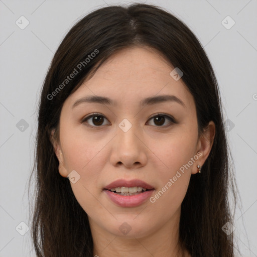 Joyful white young-adult female with long  brown hair and brown eyes