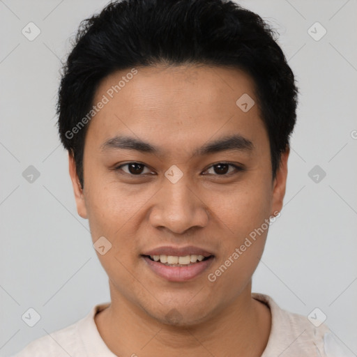 Joyful latino young-adult male with short  black hair and brown eyes