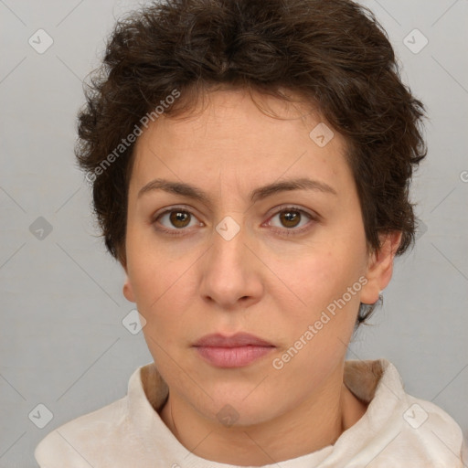 Neutral white young-adult female with short  brown hair and brown eyes