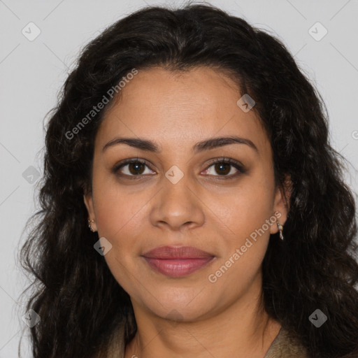 Joyful latino young-adult female with long  brown hair and brown eyes