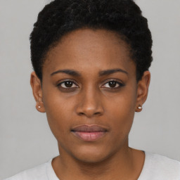 Neutral black young-adult female with short  black hair and brown eyes