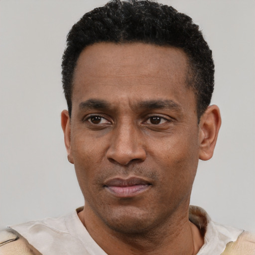 Neutral latino adult male with short  black hair and brown eyes