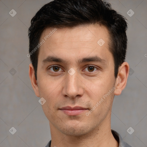 Neutral white young-adult male with short  brown hair and brown eyes