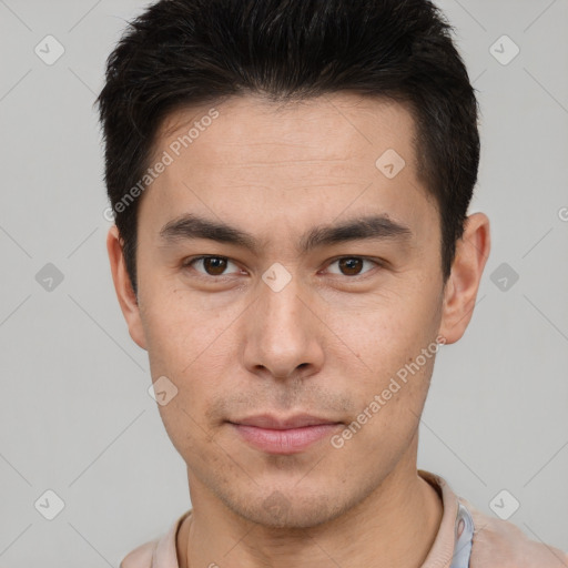 Neutral asian young-adult male with short  brown hair and brown eyes