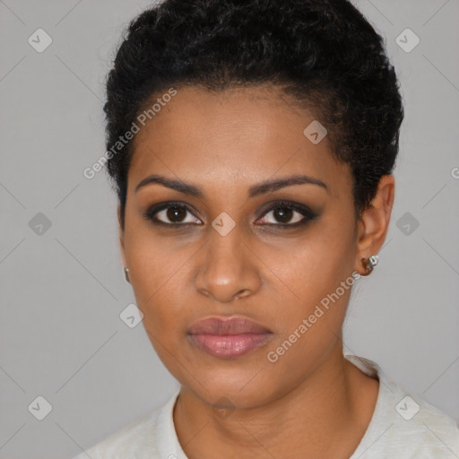 Neutral black young-adult female with short  black hair and brown eyes