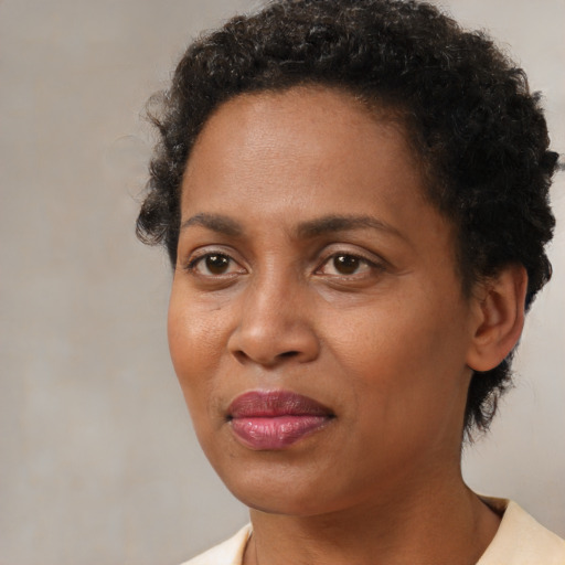 Joyful black adult female with short  brown hair and brown eyes