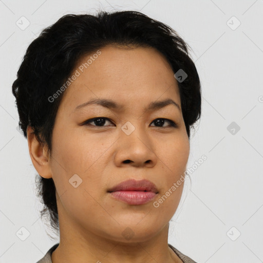 Joyful asian young-adult female with short  black hair and brown eyes