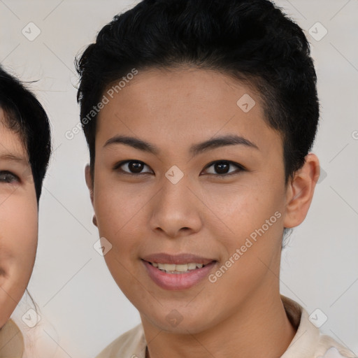 Joyful asian young-adult female with short  brown hair and brown eyes