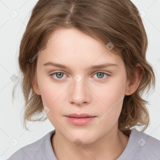 Neutral white young-adult female with medium  brown hair and grey eyes