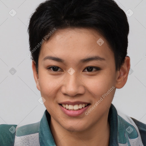 Joyful asian young-adult female with short  brown hair and brown eyes