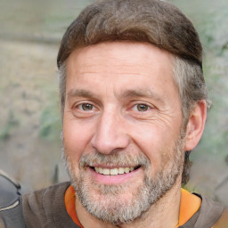 Joyful white middle-aged male with short  brown hair and brown eyes