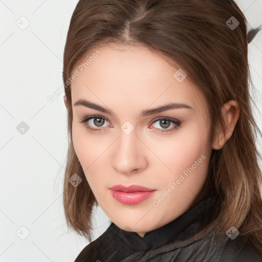 Neutral white young-adult female with long  brown hair and brown eyes