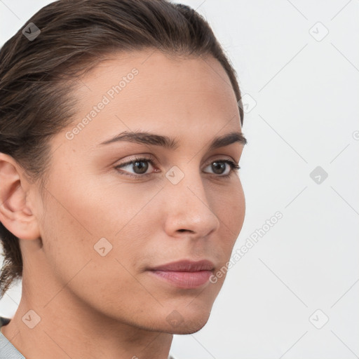 Neutral white young-adult female with short  brown hair and brown eyes