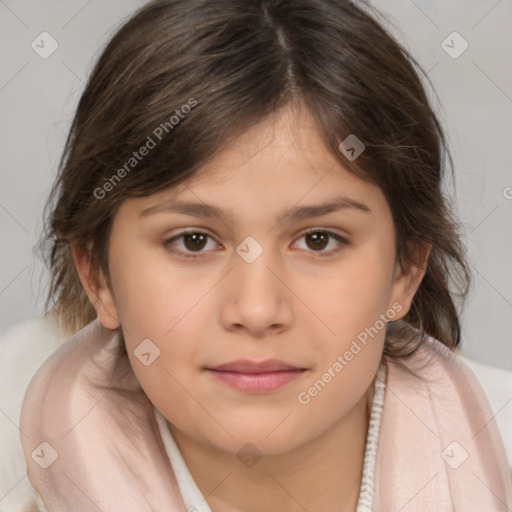 Joyful white child female with medium  brown hair and brown eyes