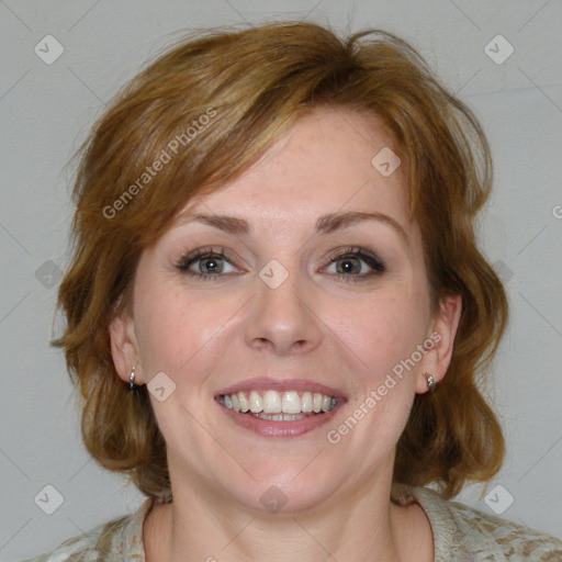 Joyful white young-adult female with medium  brown hair and blue eyes