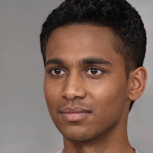 Neutral black young-adult male with short  black hair and brown eyes