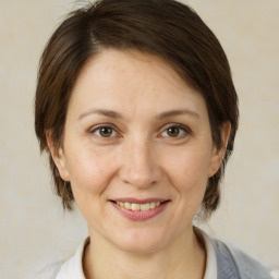 Joyful white adult female with medium  brown hair and brown eyes