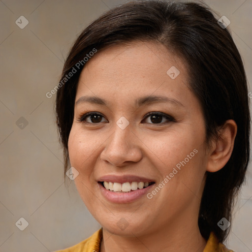 Joyful white young-adult female with medium  brown hair and brown eyes