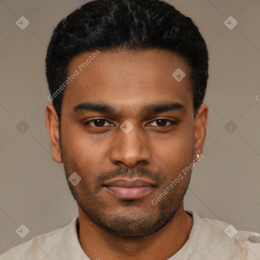 Neutral latino young-adult male with short  black hair and brown eyes