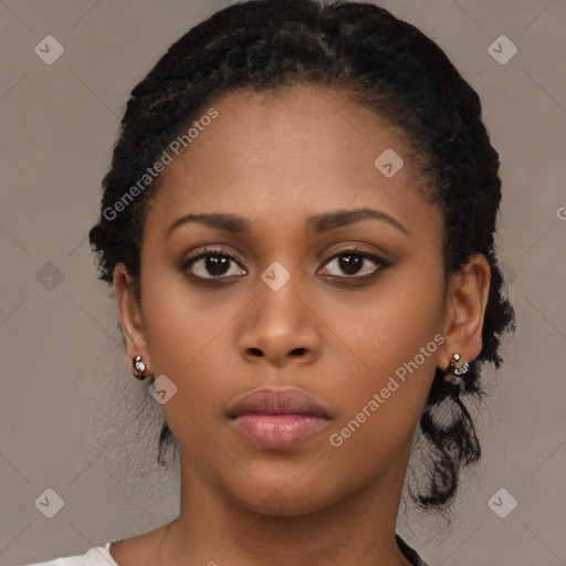 Neutral black young-adult female with short  black hair and brown eyes