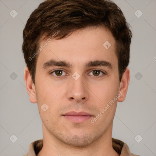 Neutral white young-adult male with short  brown hair and brown eyes