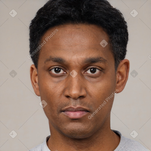 Neutral latino young-adult male with short  black hair and brown eyes