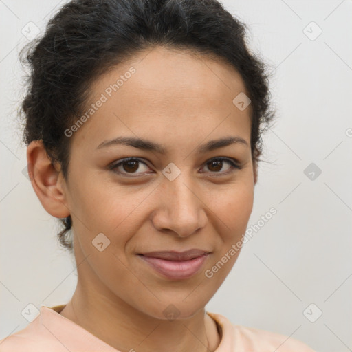 Joyful latino young-adult female with short  brown hair and brown eyes