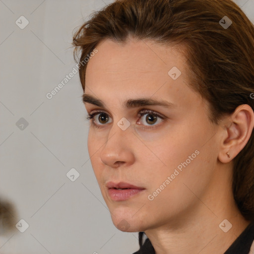 Neutral white young-adult female with medium  brown hair and brown eyes