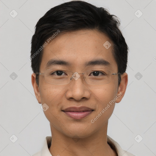 Joyful asian young-adult male with short  black hair and brown eyes