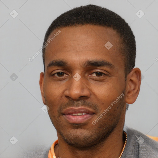 Neutral latino young-adult male with short  black hair and brown eyes