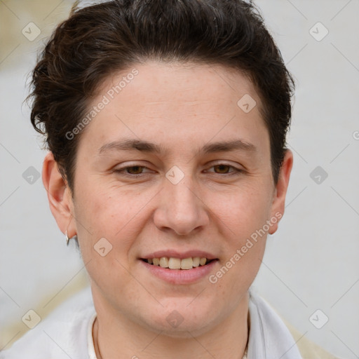 Joyful white adult female with short  brown hair and brown eyes