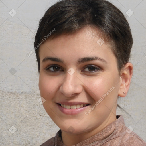 Joyful white young-adult female with short  brown hair and brown eyes