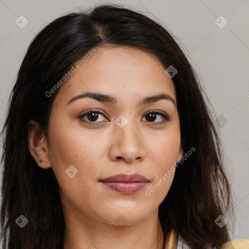 Joyful asian young-adult female with long  brown hair and brown eyes