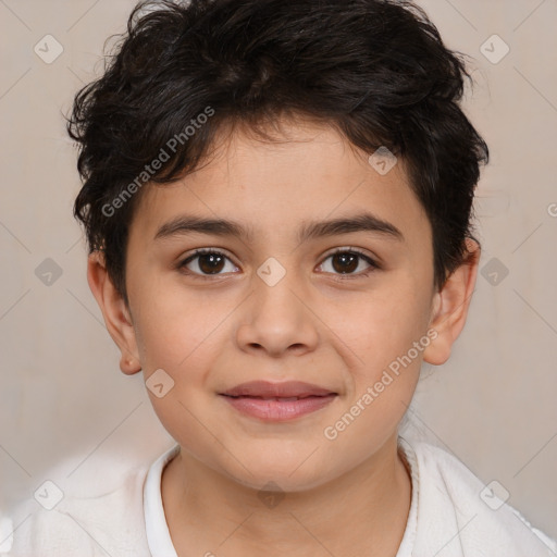 Joyful white child female with medium  brown hair and brown eyes