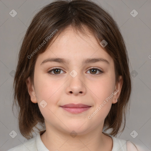 Joyful white child female with medium  brown hair and brown eyes