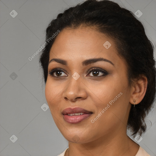 Joyful latino young-adult female with medium  black hair and brown eyes