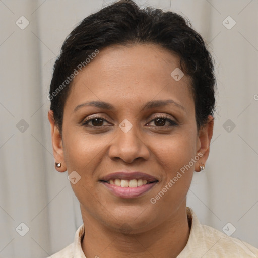 Joyful latino young-adult female with short  brown hair and brown eyes