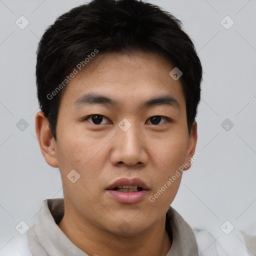 Neutral asian young-adult male with short  black hair and brown eyes