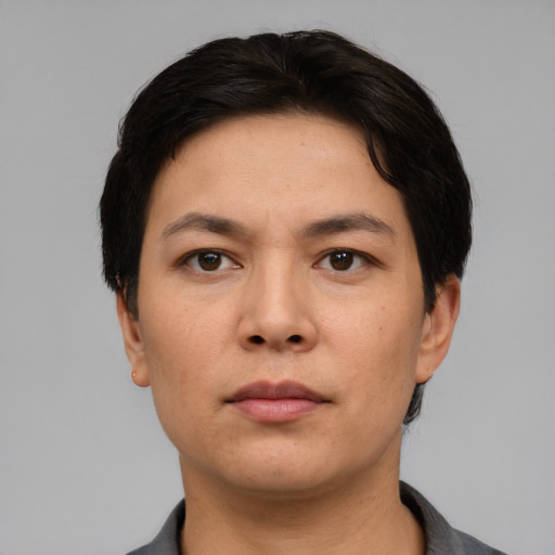 Neutral asian adult female with short  black hair and brown eyes