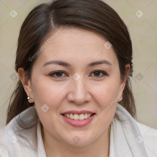 Joyful white young-adult female with medium  brown hair and brown eyes