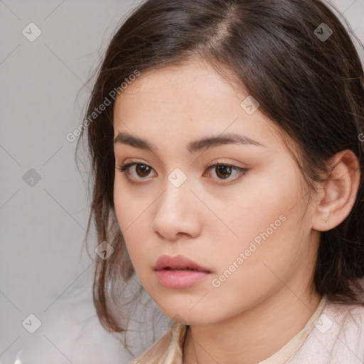 Neutral white young-adult female with medium  brown hair and brown eyes