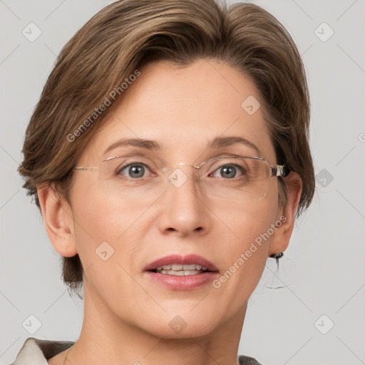 Joyful white adult female with medium  brown hair and grey eyes