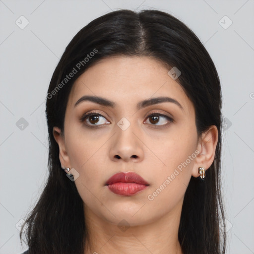 Neutral asian young-adult female with long  black hair and brown eyes