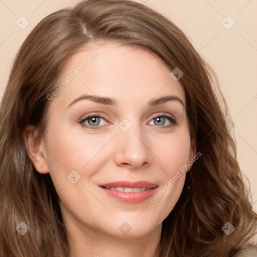 Joyful white young-adult female with long  brown hair and green eyes