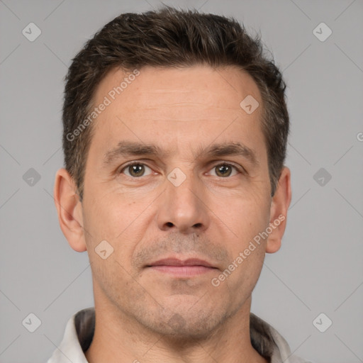 Neutral white adult male with short  brown hair and brown eyes