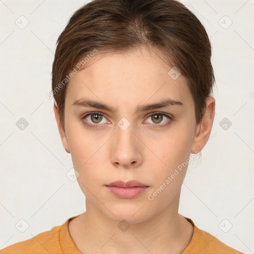 Neutral white young-adult female with short  brown hair and brown eyes