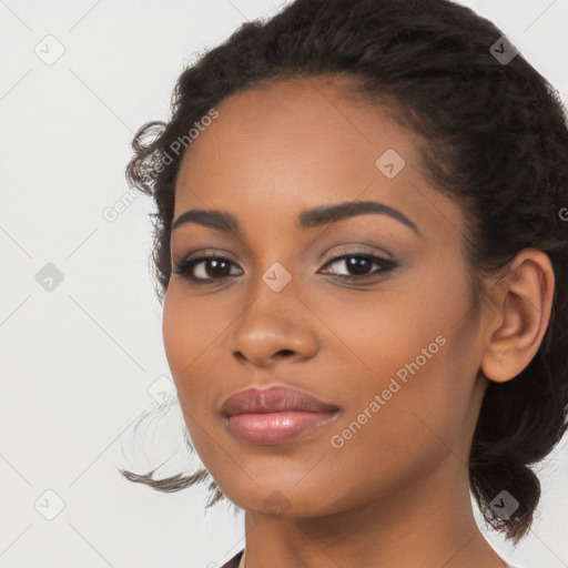 Joyful latino young-adult female with long  black hair and brown eyes