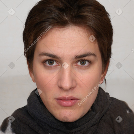 Neutral white young-adult female with medium  brown hair and brown eyes