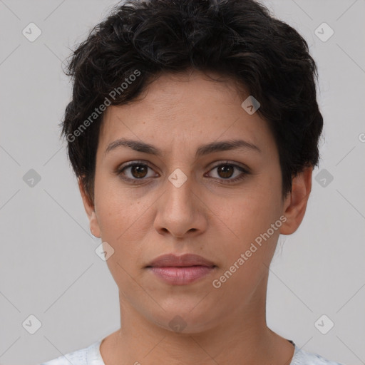 Neutral white young-adult female with short  brown hair and brown eyes