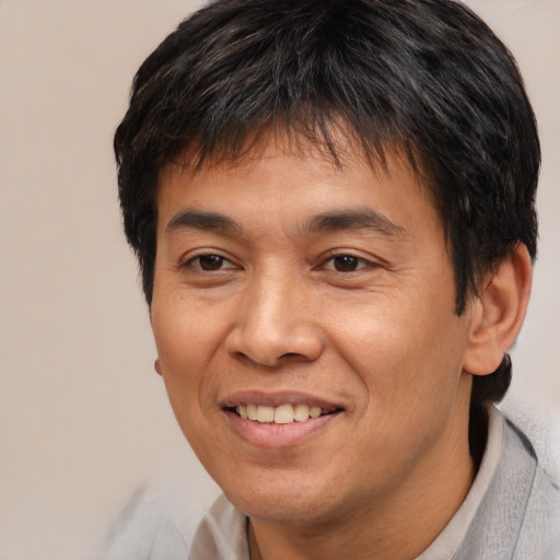 Joyful white adult male with short  brown hair and brown eyes